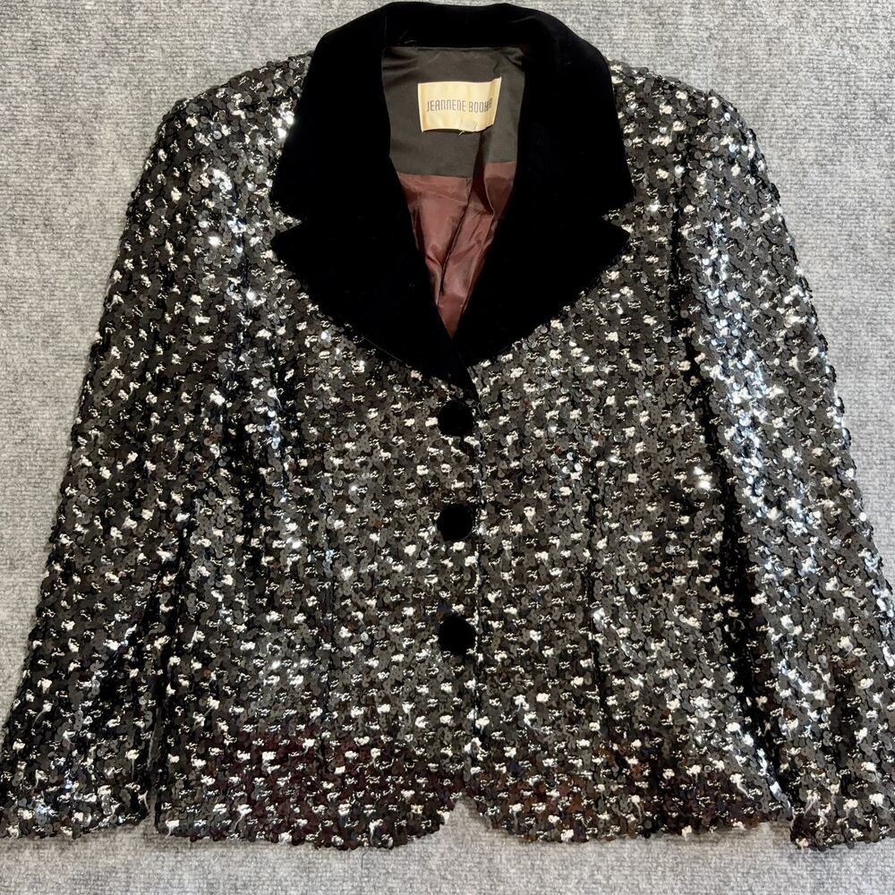 Vintage Jeannene Booher Sequin Blazer Jacket Black Silver Velvet Collar 10
